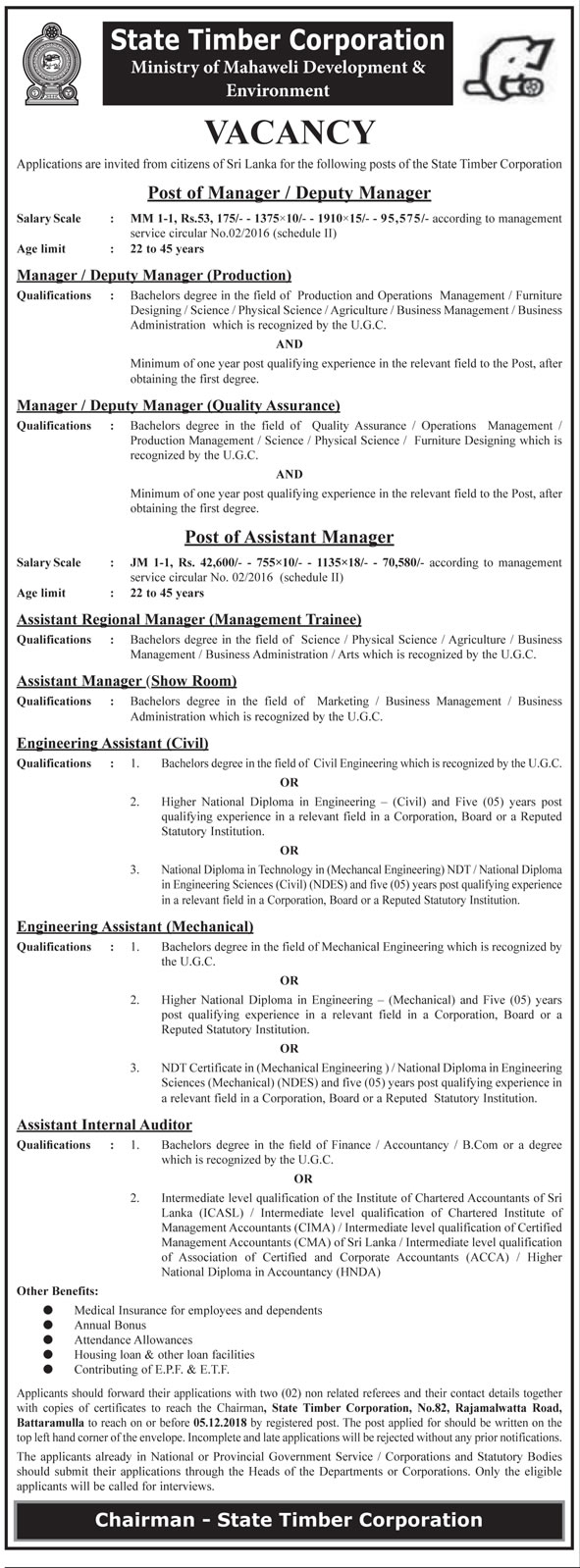 Manager/Deputy Manager, Assistant Manager, Engineering Assistant, Assistant Internal Auditor - State Timber Corporation